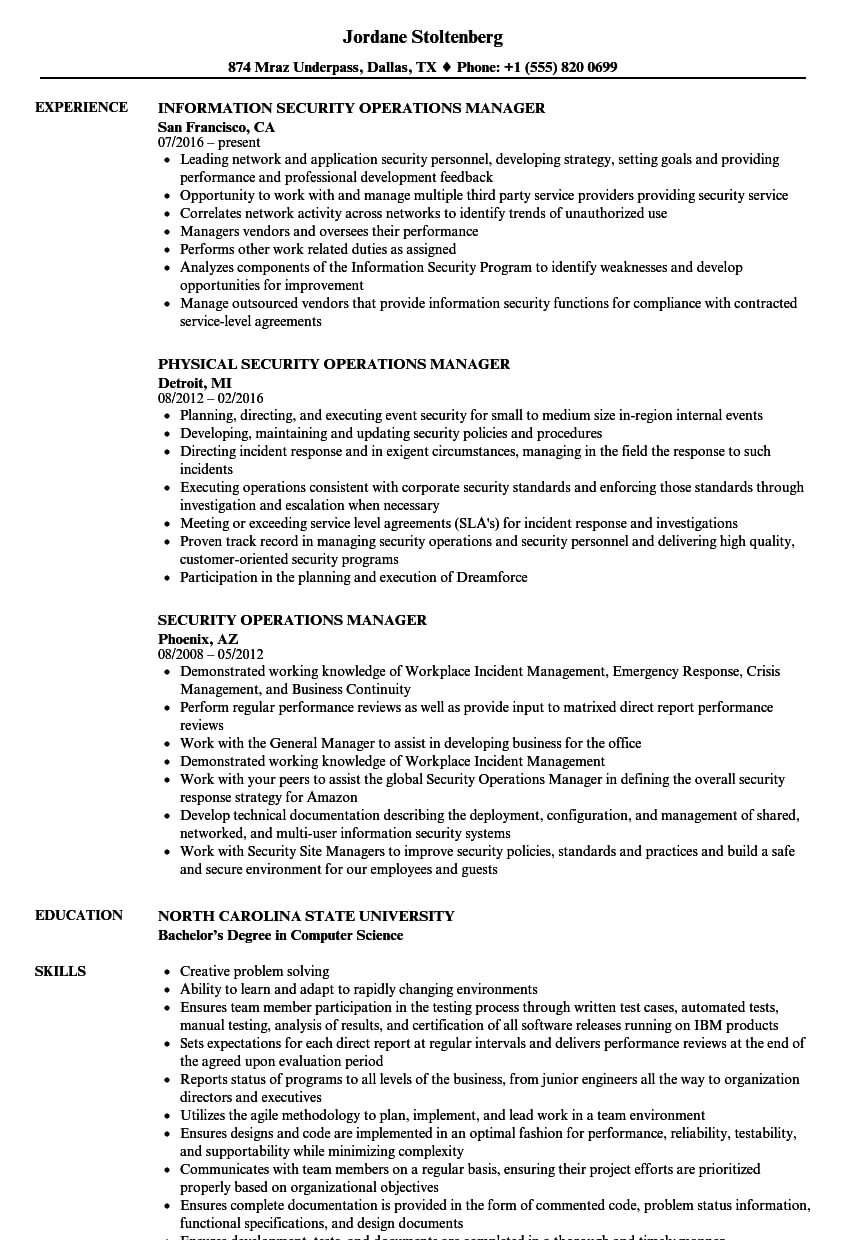 Security Operations Manager Resume Samples | Velvet Jobs Pertaining To Operations Manager Report Template