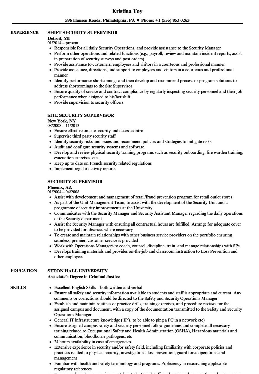 Security Supervisor Resume Samples | Velvet Jobs In Physical Security Report Template