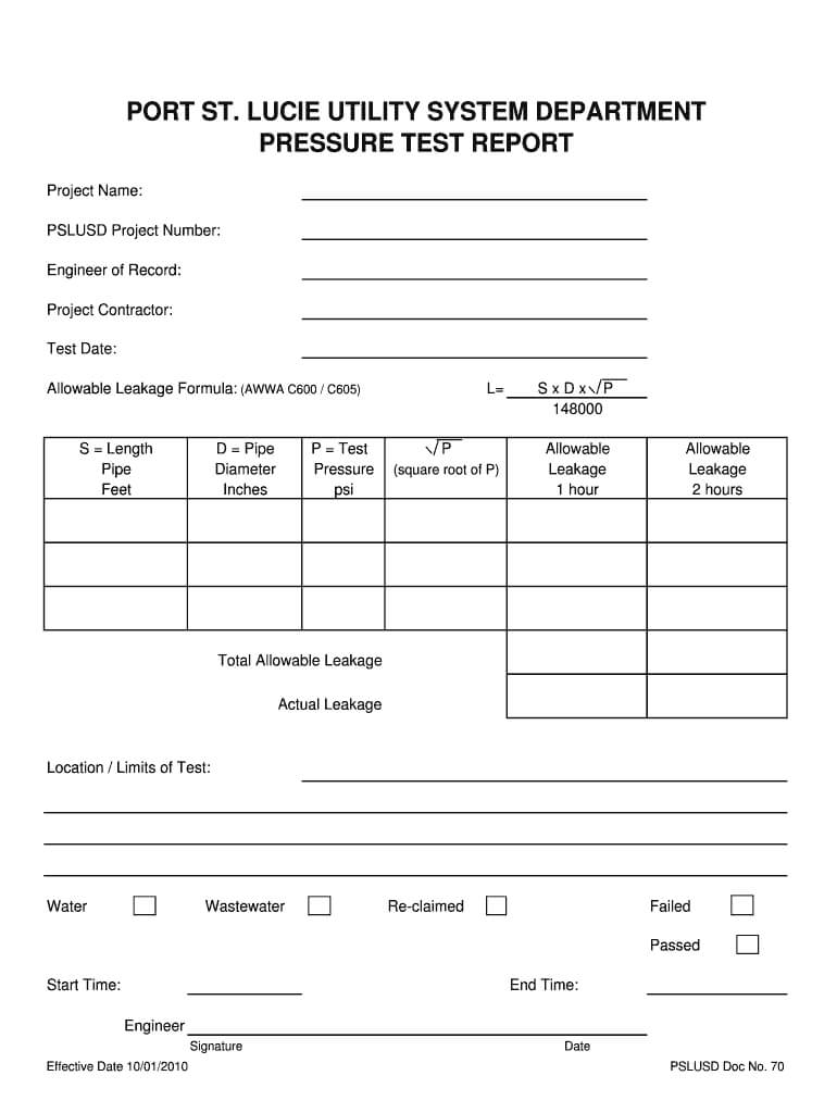 Sewe Line Pressure Test Form – Fill Online, Printable Intended For Hydrostatic Pressure Test Report Template