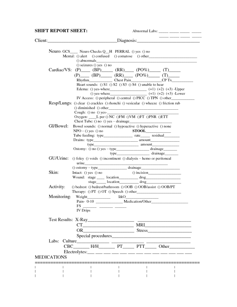 Shift Report Template Examples Restaurant Nursing Daily End Within