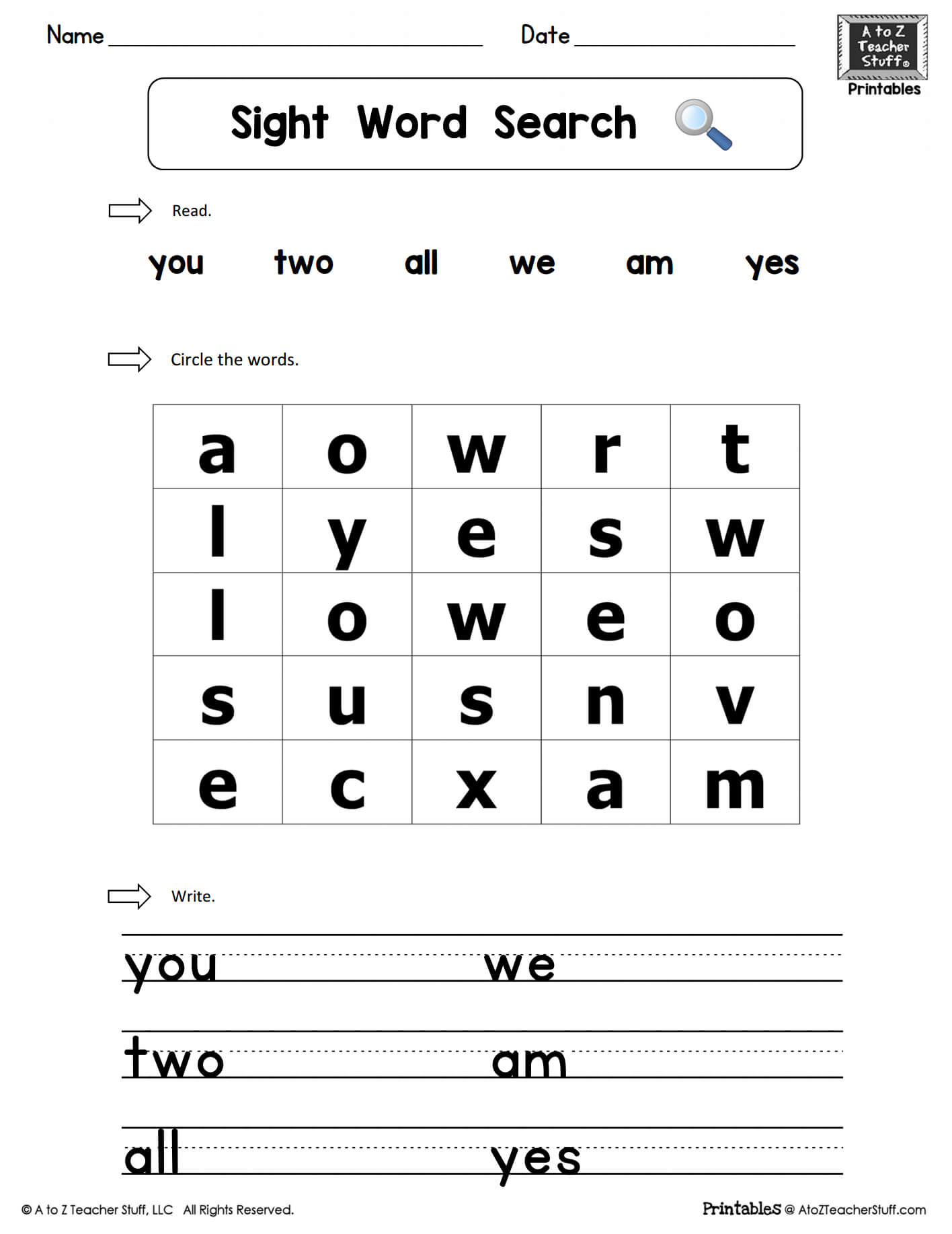 Sight Words Practice Word Search: You, Two, We, All, Am, Yes With Regard To Blank Word Search Template Free