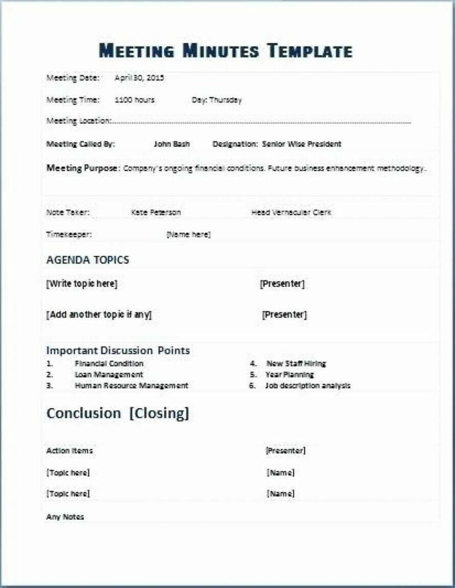 Corporate Minutes Template Free