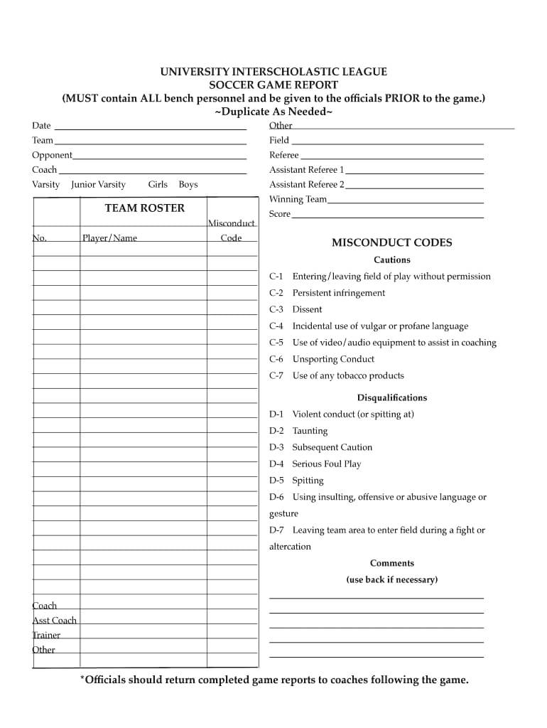 Soccer Game Report Template - Fill Online, Printable Throughout Coaches Report Template