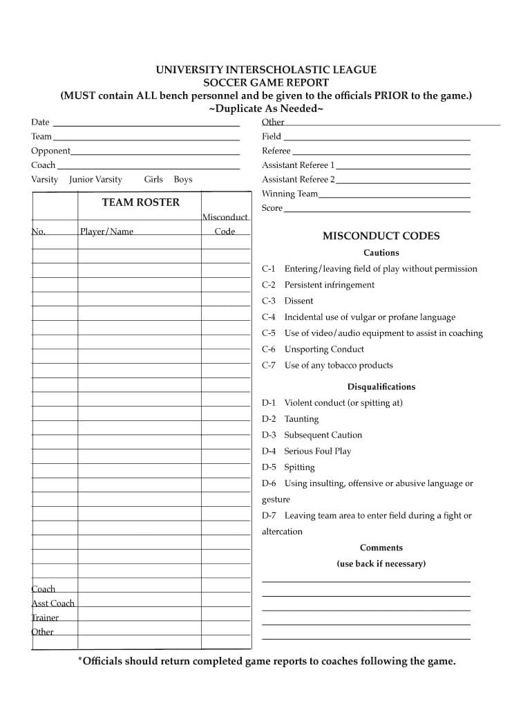 Soccer Game Report Template – Fill Online, Printable Throughout Coaches Report Template