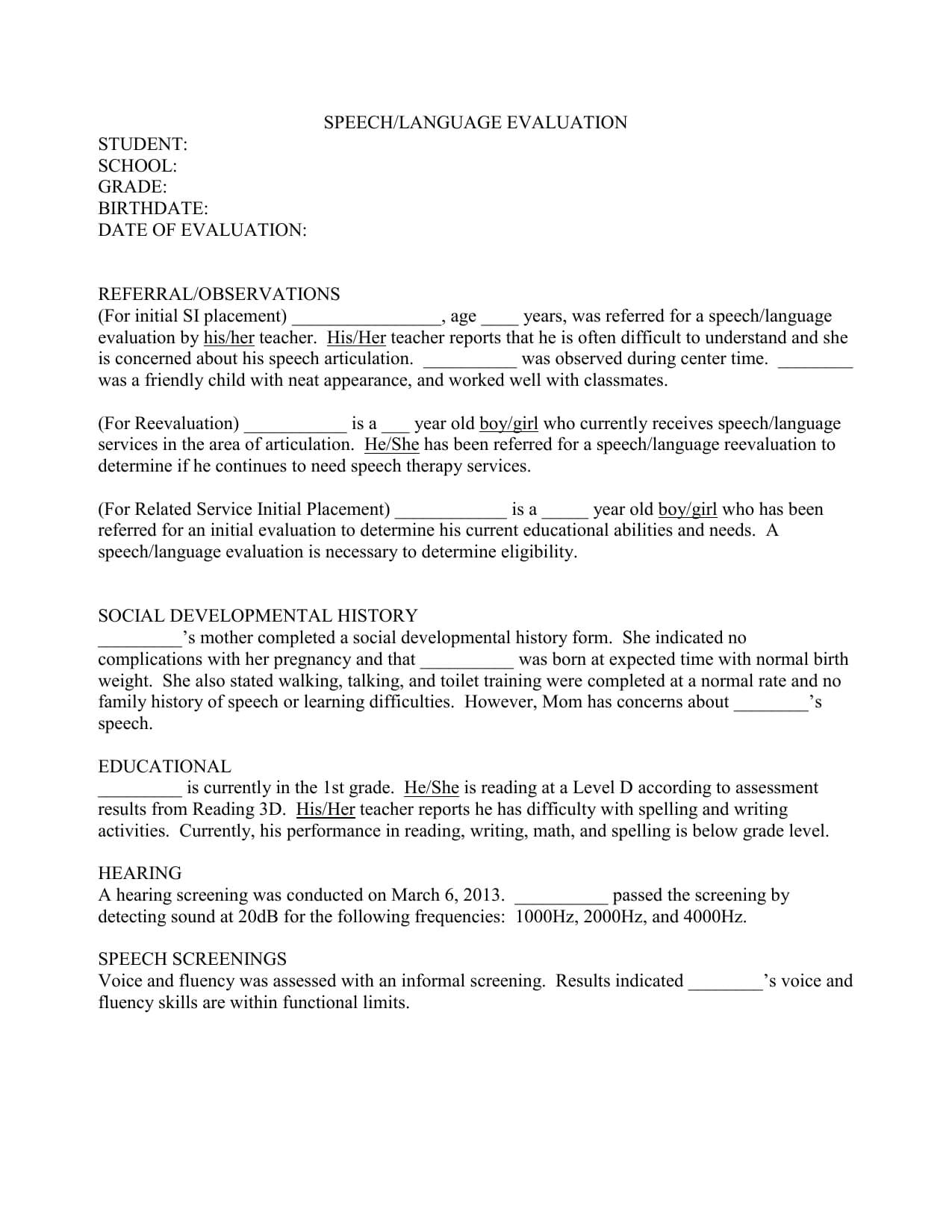 Speech Evaluation Report Template 21 Throughout Speech And Language Report Template