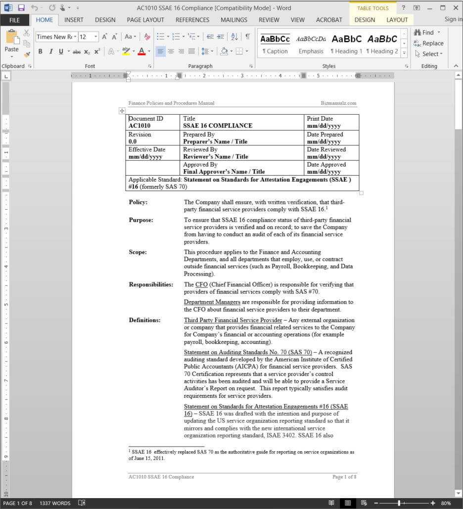 Ssae 16 Compliance Procedure | Ac1010 Regarding Ssae 16 Report Template