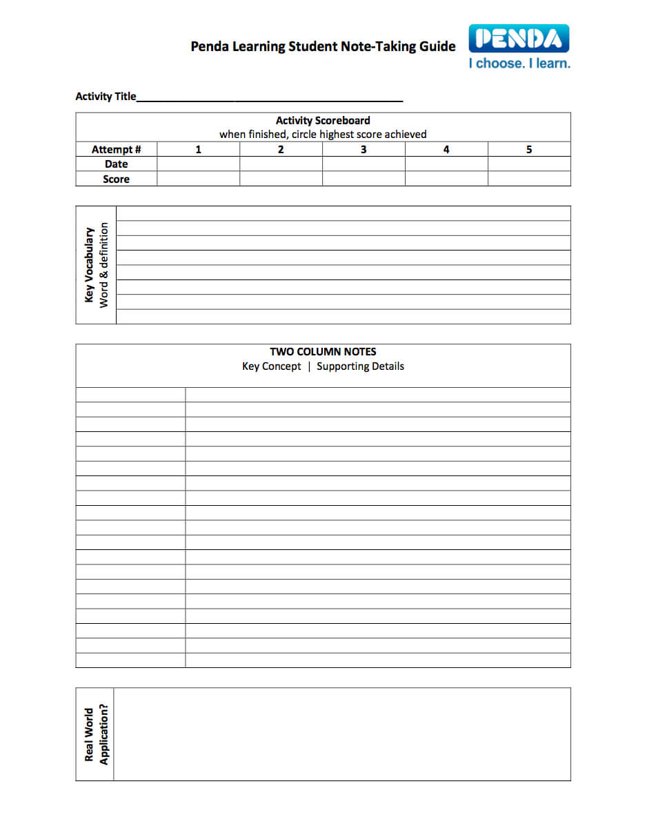 Student Note Taking Guide Templates – Penda Learning Throughout Note Taking Template Word