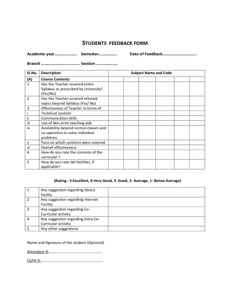 Students Feedback Form - 2 Free Templates In Pdf, Word Regarding Student Feedback Form Template Word