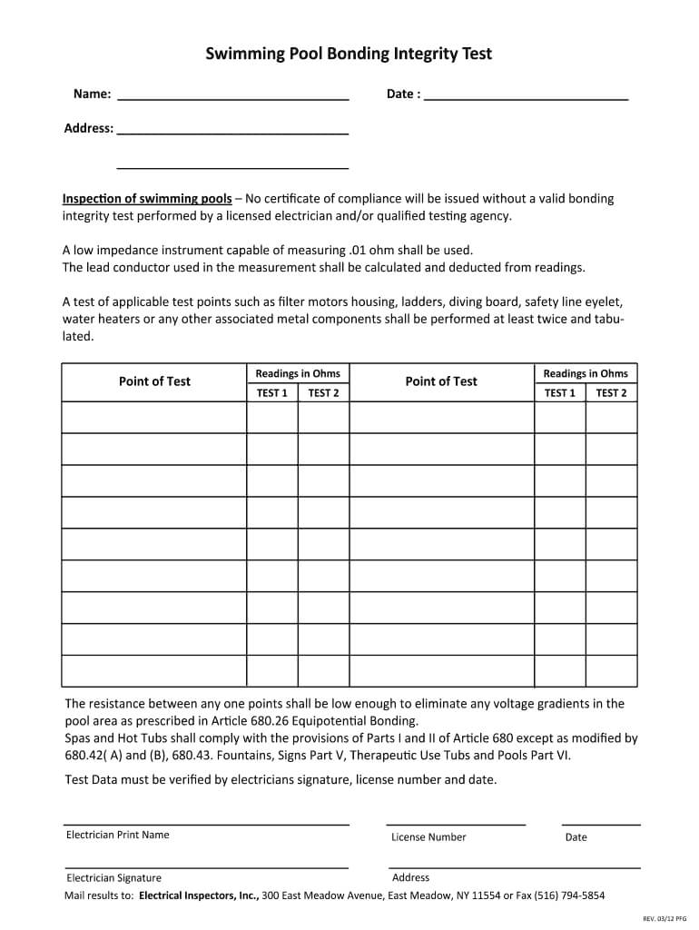 Swimming Pool Bonding Integrity Test – Fill Online Throughout Megger Test Report Template