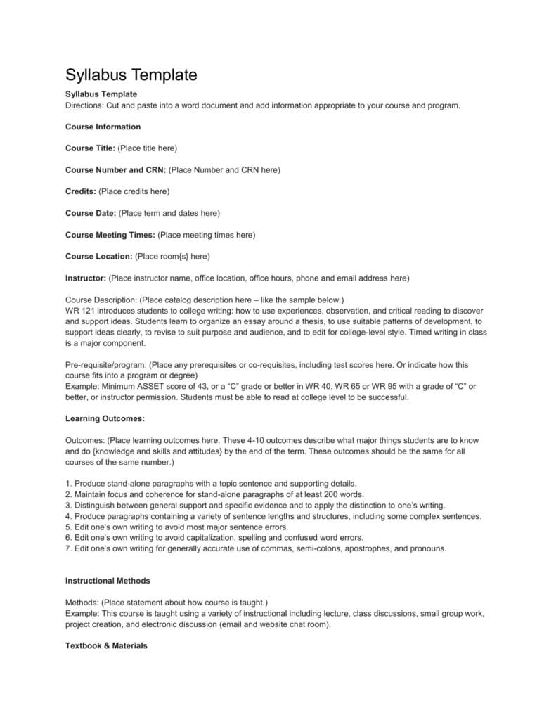 Syllabus Template – Central Oregon Community College Throughout Blank Syllabus Template