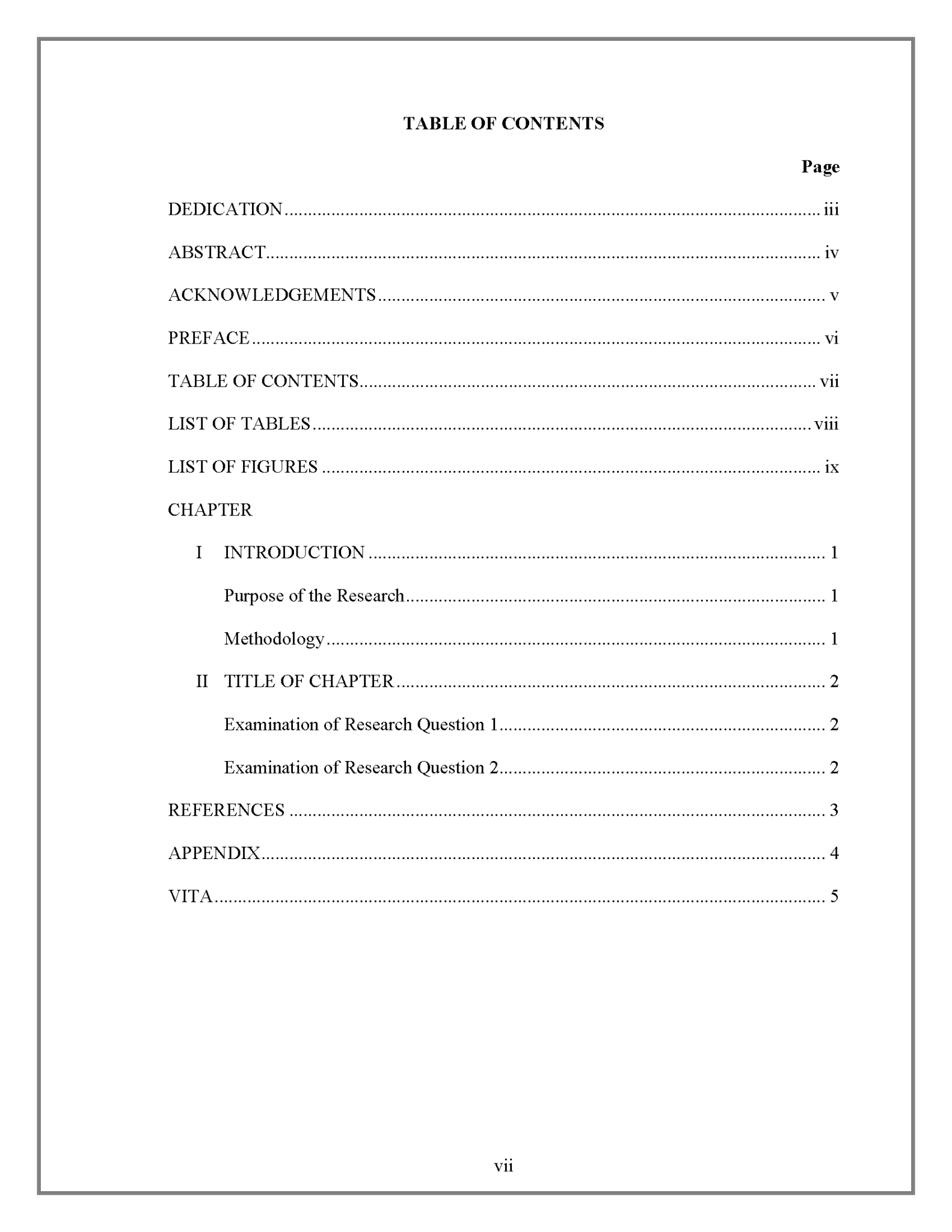 table of contents thesis word