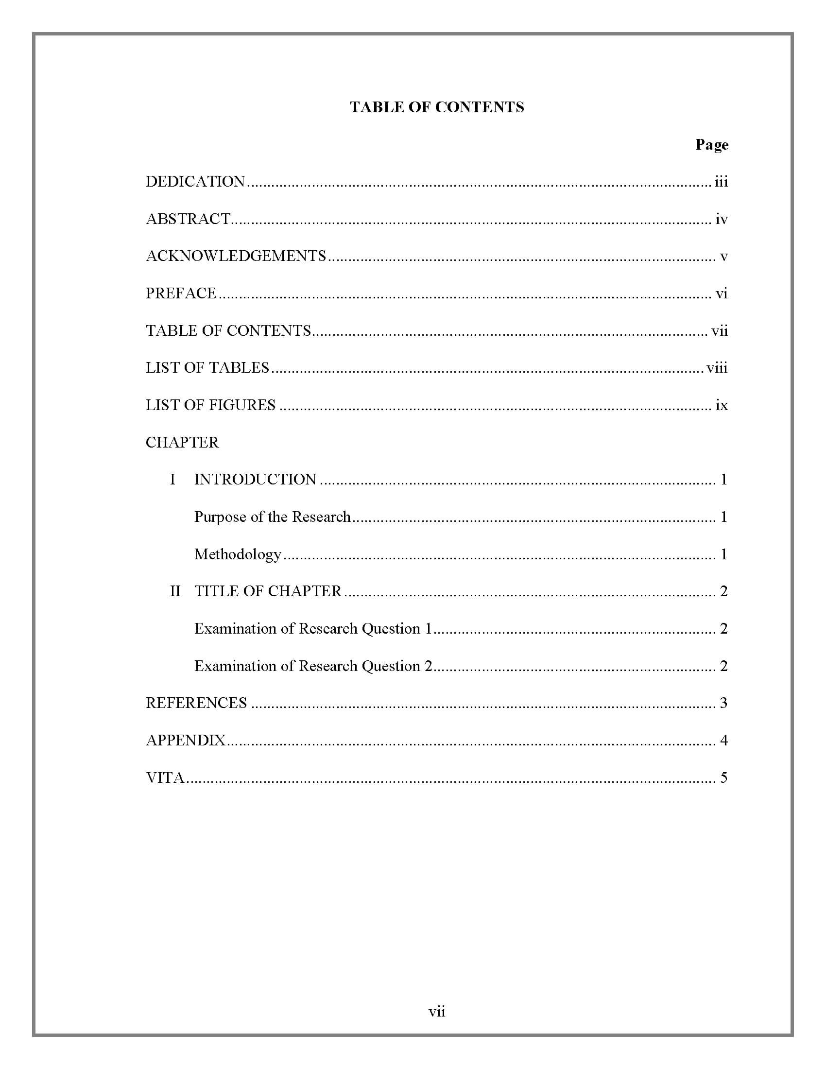 Table Of Contents - Thesis And Dissertation - Research Intended For Microsoft Word Table Of Contents Template