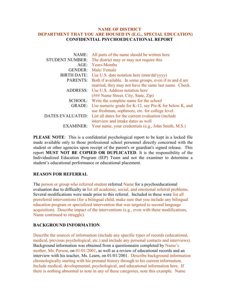 Template For A Bilingual Psychoeducational Report For School Psychologist Report Template