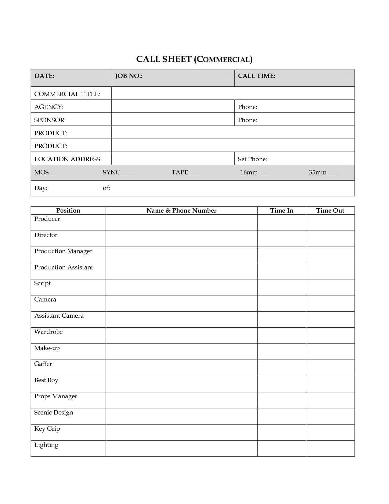 Terrific Call Sheet Template Sample For Commercial Inside Blank Call Sheet Template