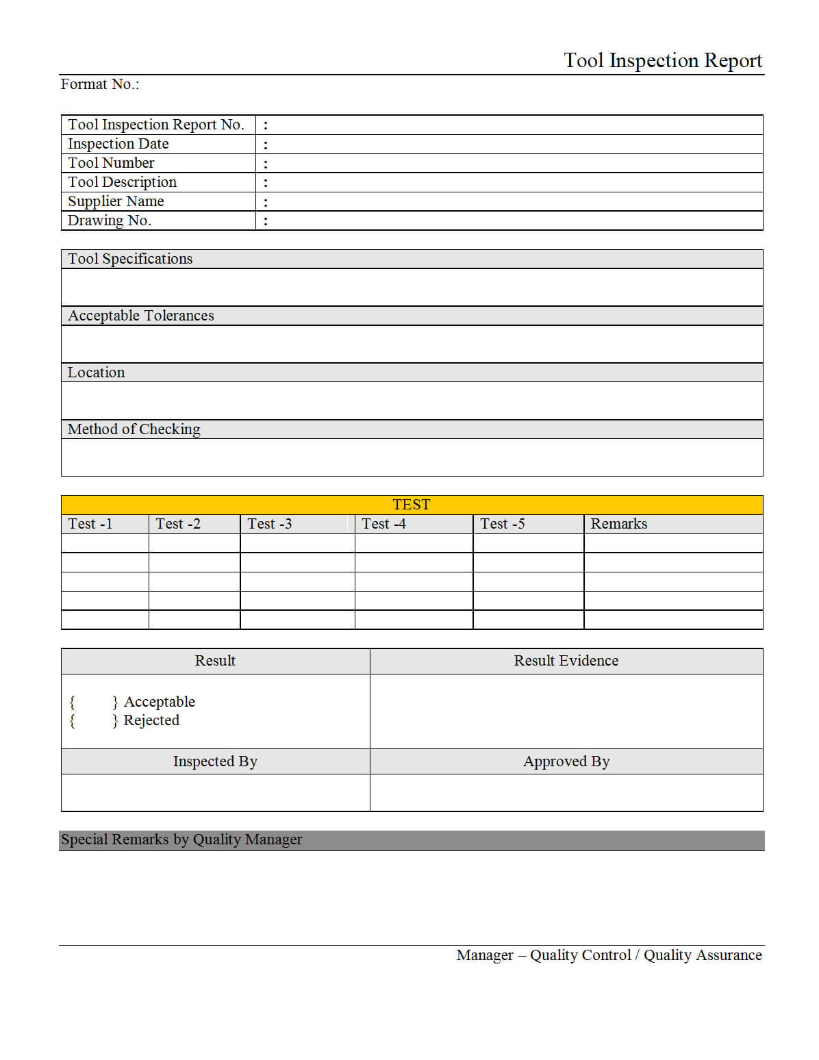 Tool Inspection Report – In Part Inspection Report Template