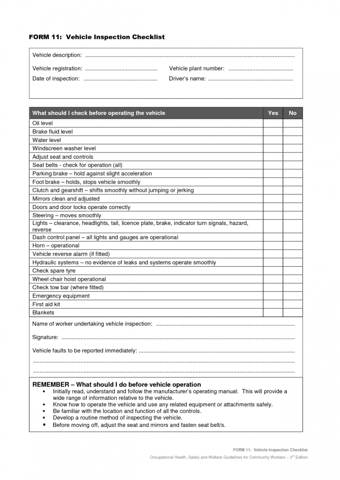 Vehicle Safety Inspection Checklist Form Maintenance Report for Vehicle