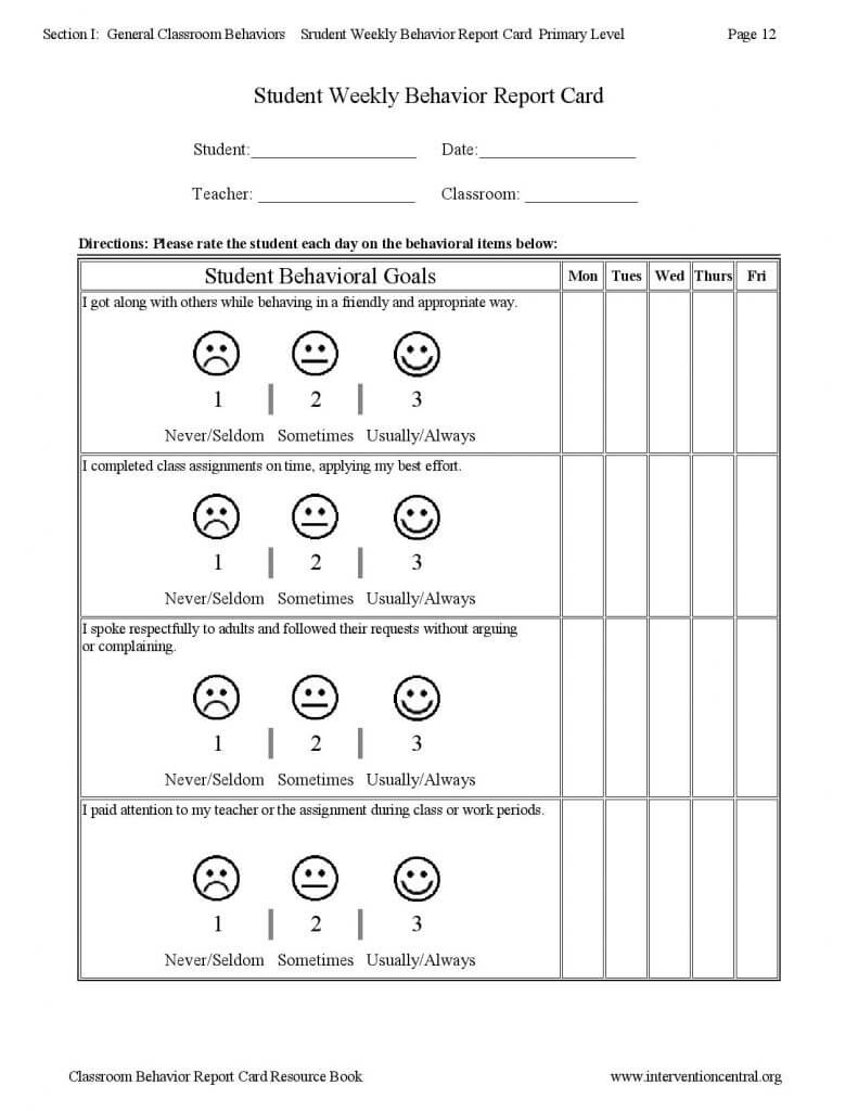 Weekly Behavior Report Template Examples Card Progress Student Inside Behaviour Report Template