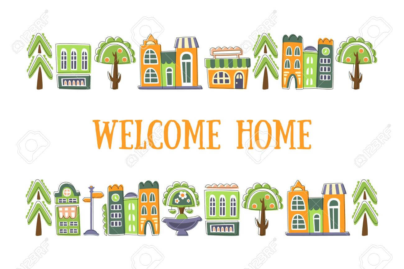 Welcome Home Banner Template With Cute Hand Drawn Public Buildings,.. Intended For Welcome Banner Template