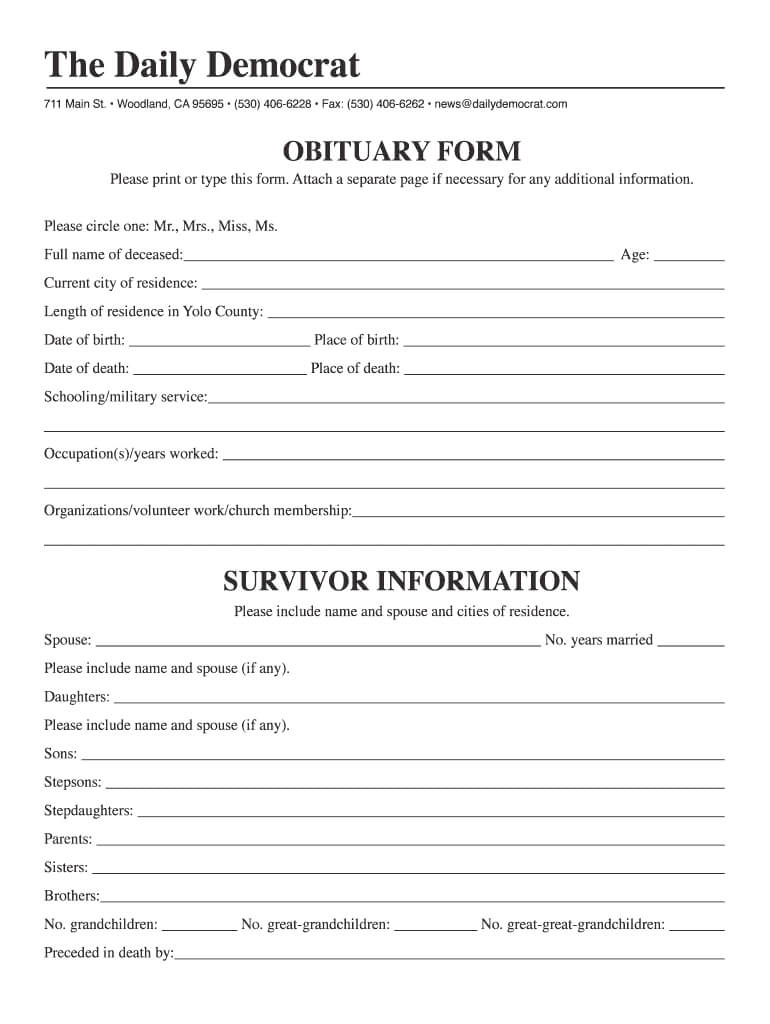 Writable Obituary Form – Fill Online, Printable, Fillable Intended For Fill In The Blank Obituary Template
