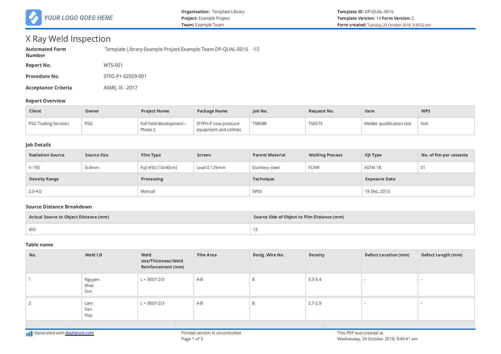 X Ray Weld Inpsection Template - Use And Customise For Free With Regard To Welding Inspection Report Template