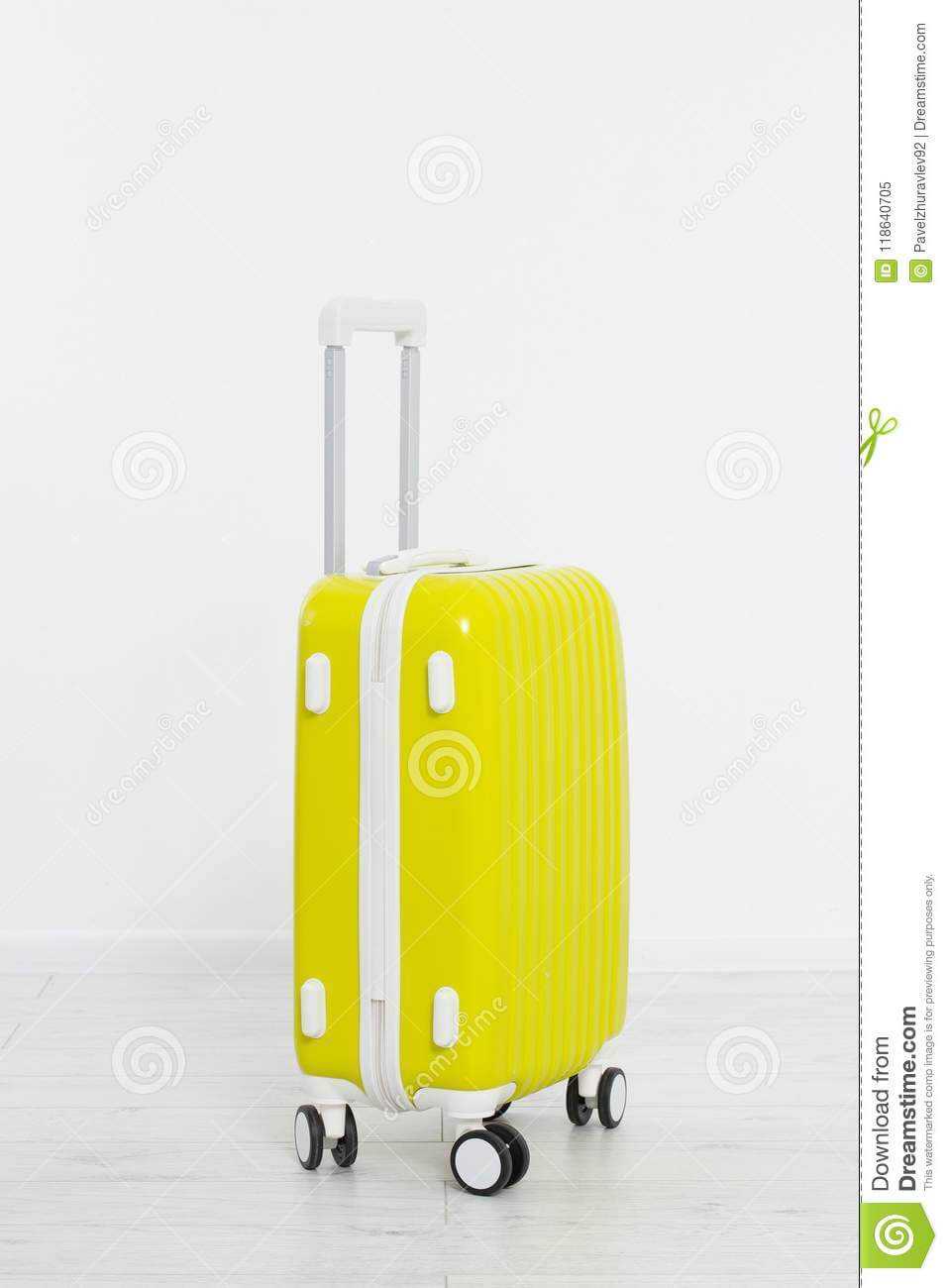 Yellow Suitcase On White Background .summer Holidays. Travel Inside Blank Suitcase Template